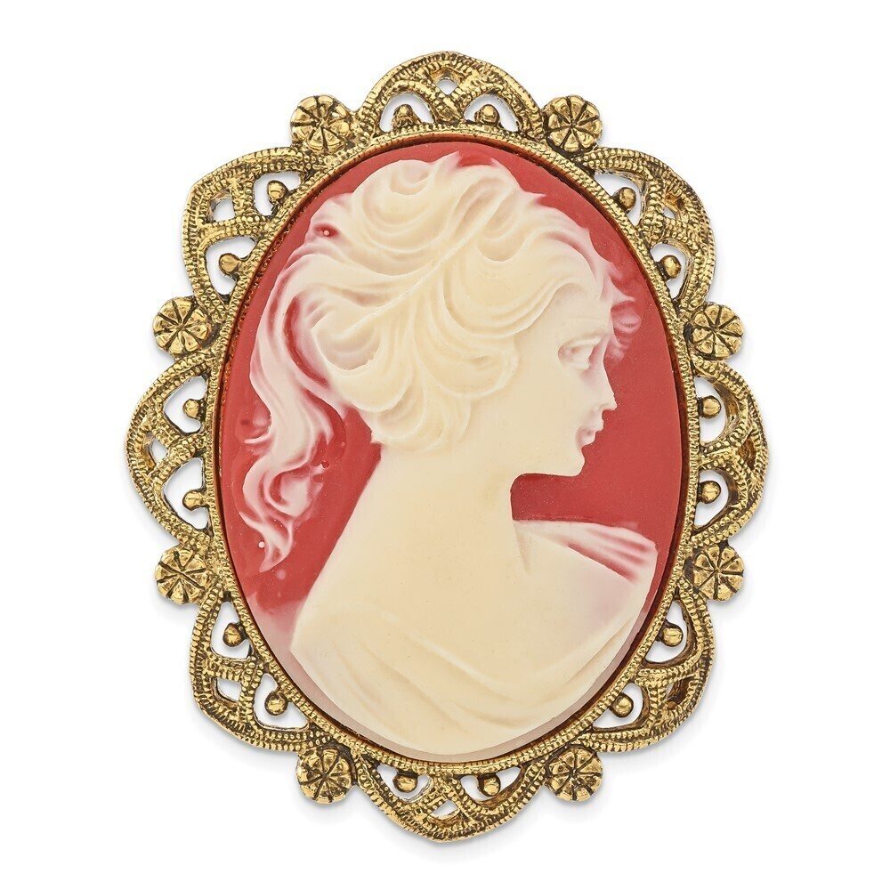 1928 Gold-tone Filigree Frame Ivory Colored Lady Acrylic Cameo Pin Brooch
